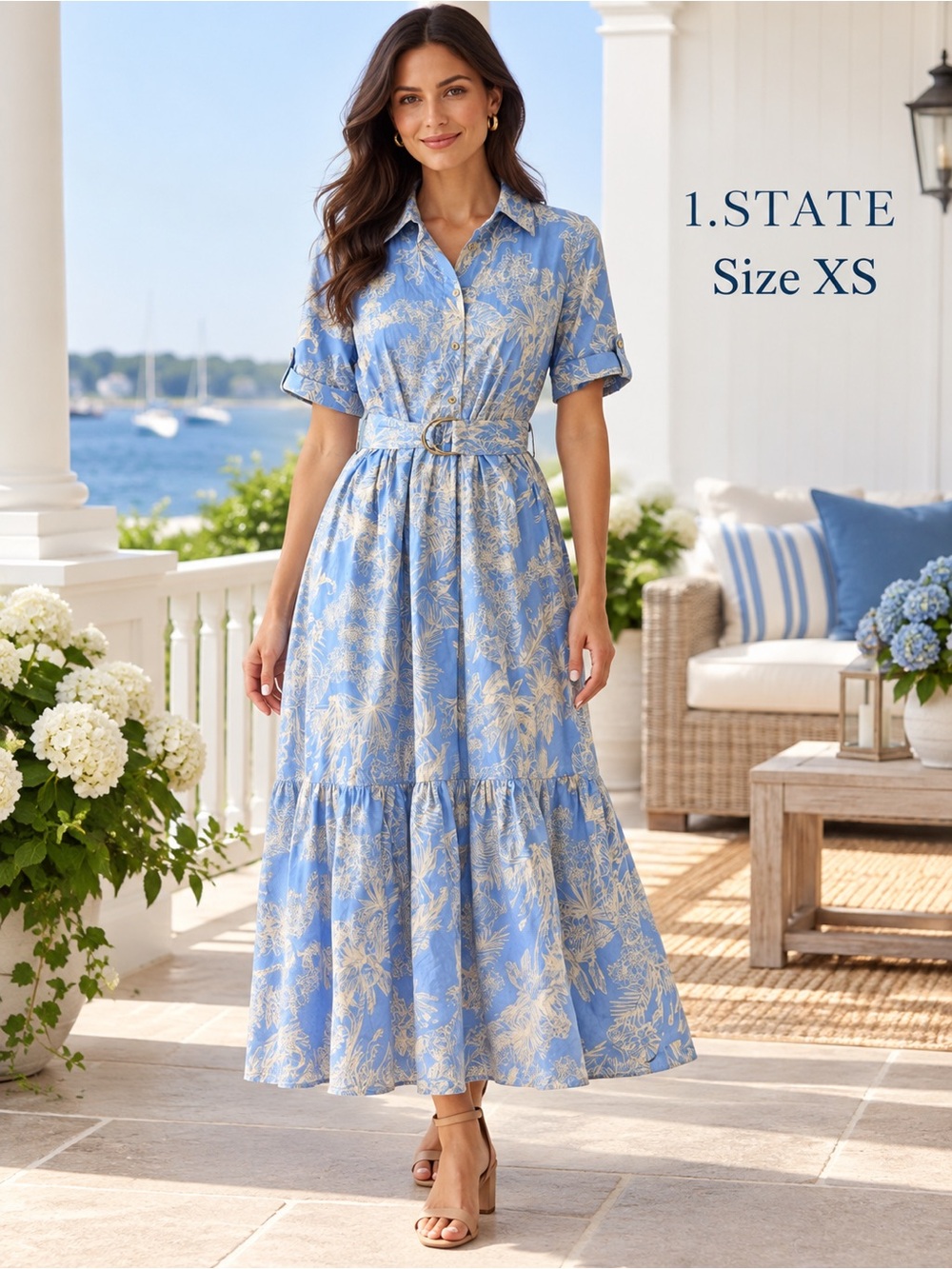 1.STATE Tropical Toile Tiered Cotton Maxi Shirt Dress Blue XS